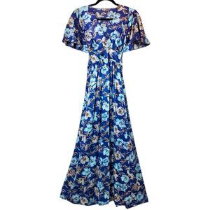 Vintage Bright Silky Floral Maxi Dress Size S Flutter Sleeve Blue Tie Back Women